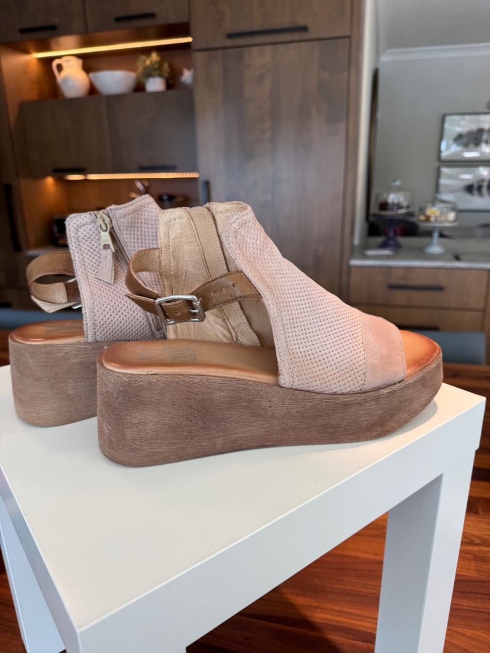 Miz Mooz Taupe Leather Peep Toe Platform Wedges Size 41